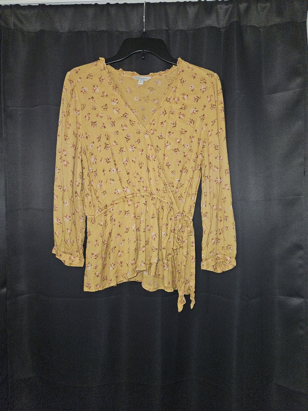 Lucky Brand Mustard Floral Wrap Top with Waist Tie